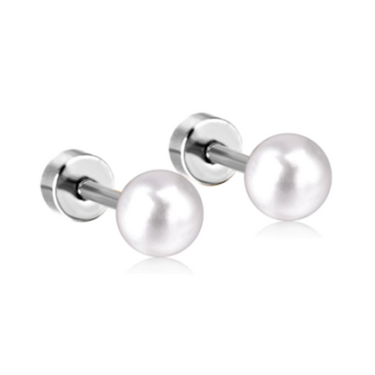 Surgical steel pearl earrings 4mm with hypoallergenic screw backs, featuring elegant white faux pearls.