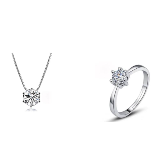 Children's, Teens' and Mothers' Sets:  Surgical Steel, 6 Prong Solitaire CZ Necklace and Adjustable Ring Set with Gift Box