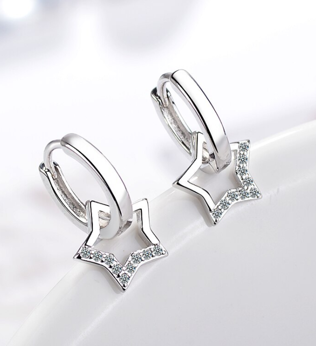 Children's, Teens' and Mothers' Earrings:  Sterling Silver Hoops with Floating CZ Stars