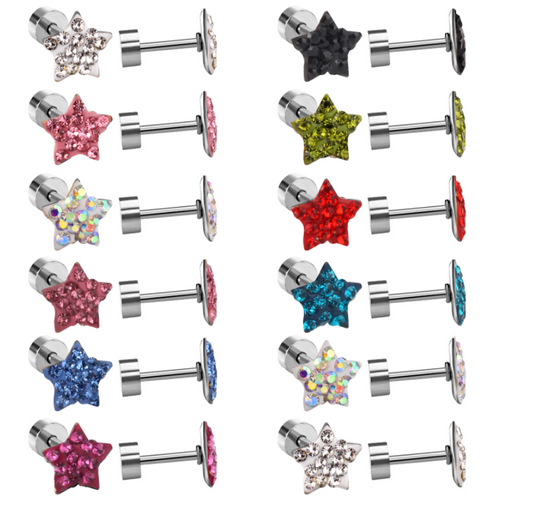 Children's Earrings:  Surgical Steel, Light Green CZ Star Screw Back Earrings