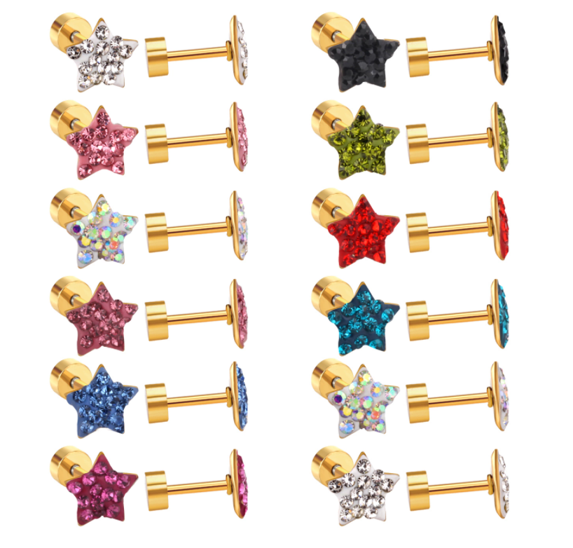 Children's Earrings:  Surgical Steel, Light Green CZ Star Screw Back Earrings