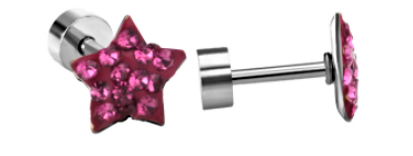 Children's Earrings:  Surgical Steel, Dark Pink CZ Star Screw Back Earrings
