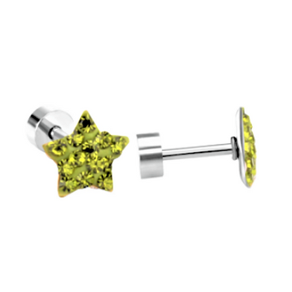 Children's Earrings:  Surgical Steel, Light Green CZ Star Screw Back Earrings