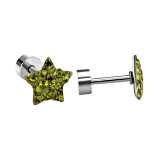 Children's Earrings:  Surgical Steel, Peridot (Green) CZ Star Screw Back Earrings