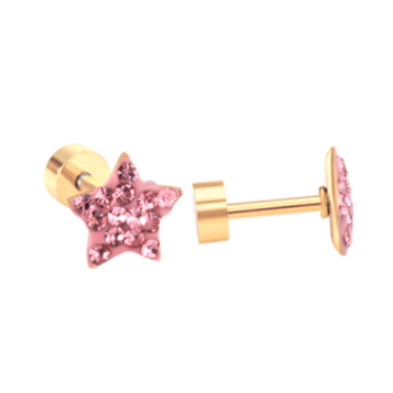 Children's Earrings:  Surgical Steel, Gold IP, Light Pink CZ Star Screw Back Earrings