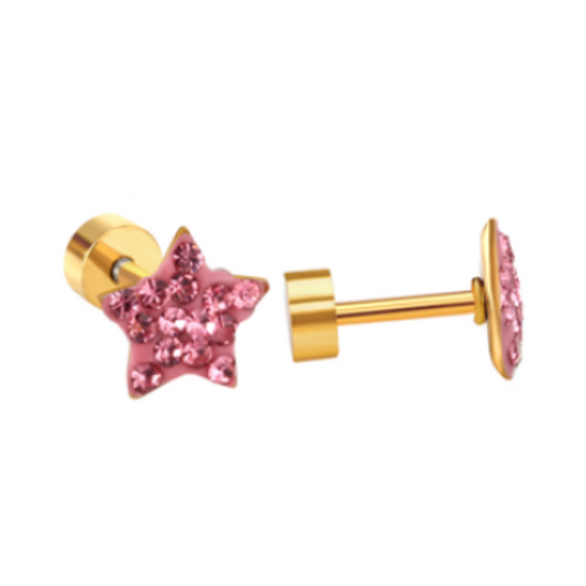 Children's Earrings:  Surgical Steel, Gold IP, Medium Pink CZ Star Screw Back Earrings