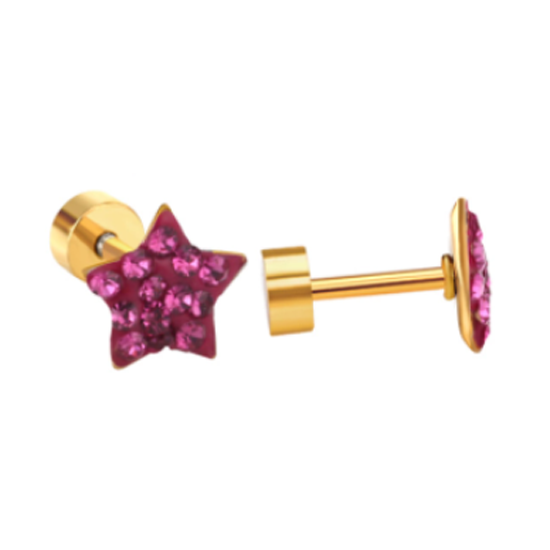 Children's Earrings:  Surgical Steel, Gold IP, Dark Pink CZ Star Screw Back Earrings