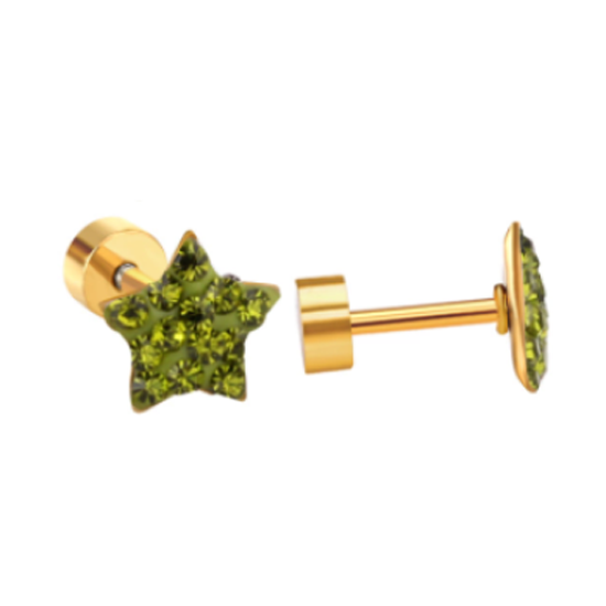 Children's Earrings:  Surgical Steel, Gold IP, Peridot (Green) CZ Star Screw Back Earrings