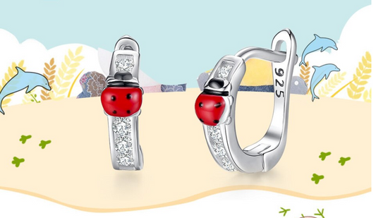 Children's Earrings:  Sterling Silver Huggie Hoops with CZ and Ladybugs Ages 1 - 6