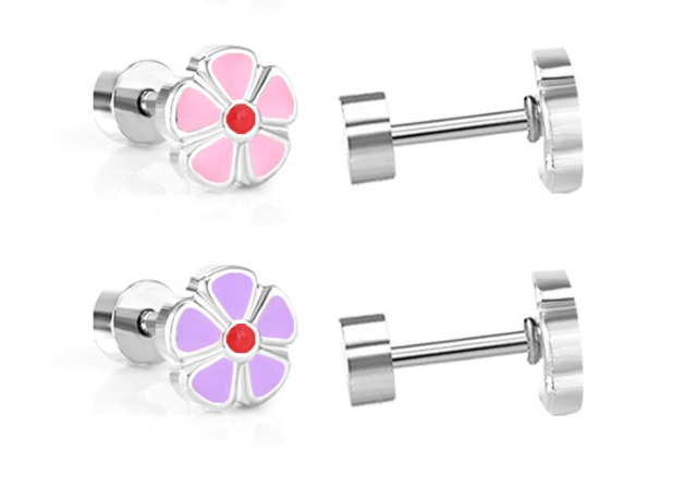 Baby and Children's Earrings:  Surgical Steel Dark Pink Flower Screw Back Earrings