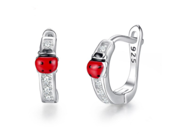Children's Earrings:  Sterling Silver Huggie Hoops with CZ and Ladybugs Ages 1 - 6