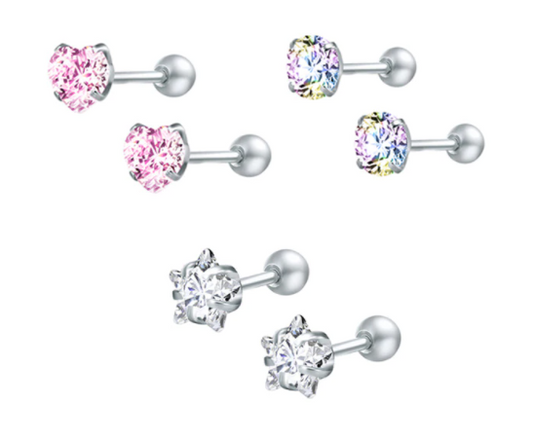 Children's Earrings:  Surgical Steel Reversible Set AAA CZ Screw Back Earrings Set of 3 Age 5 - 12 Pack 1