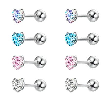 Baby and Children's Earrings:  Surgical Steel, Reversible, 4mm AAA Heart CZ Earrings - 4 Colour Choices