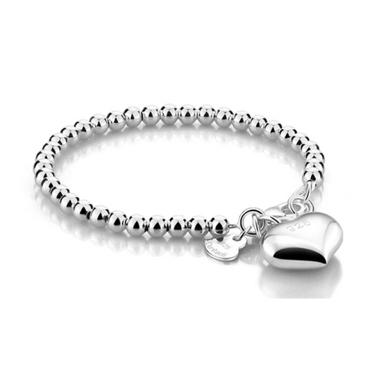 Children's Bracelets:  Sterling Silver Premium, Hallmarked, Heart Charm Ball Bracelets 14cm +1cm, with Gift Box