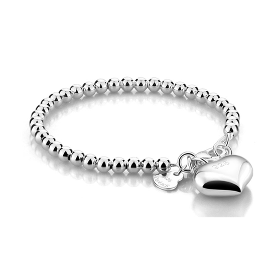 Children's Bracelets:  Sterling Silver Premium, Hallmarked, Heart Charm Ball Bracelets 16+1cm, with Gift Box