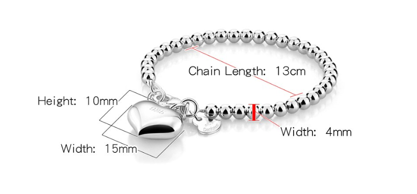 Children's Bracelets:  Sterling Silver Premium, Hallmarked, Heart Charm Ball Bracelets 15+1cm, with Gift Box