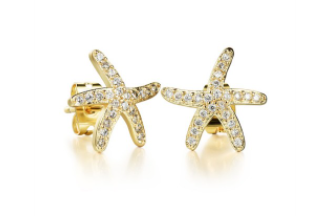 Children's, Teens' & Mothers' Earrings:  Titanium, Gold IP, Clear CZ Encrusted Starfish 9mm