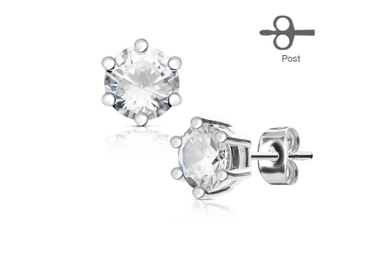 Children's, Teens' and Mothers' Earrings:  Surgical Steel 6 Prong, Clear CZ Studs 4mm