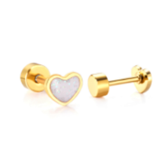 Baby Earrings:  Surgical Steel, Gold IP, Palest Pinky White Glitter Enamel Heart Earrings with Screw Backs