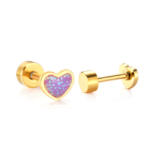 Baby Earrings:  Surgical Steel, Gold IP, Lilac Glitter Enamel Heart Earrings with Screw Backs