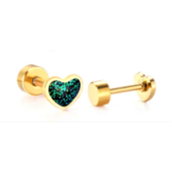 Baby Earrings:  Surgical Steel, Gold IP, Emerald Glitter Enamel Heart Earrings with Screw Backs