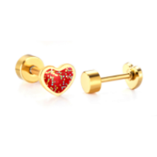 Baby Earrings:  Surgical Steel, Gold IP, Red Glitter Enamel Heart Earrings with Screw Backs