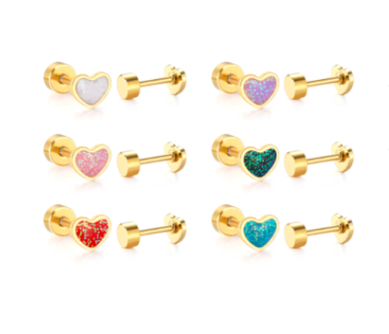 Baby Earrings:  Surgical Steel, Gold IP, Red Glitter Enamel Heart Earrings with Screw Backs