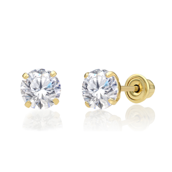 Children's and Teens' Earrings:  14k Gold Clear, 4 Prong 5mm Solitaire AAA CZ Screw Backs with Gift Box