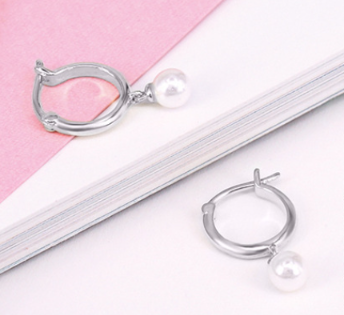 Children's Earrings:  Sterling Silver Snap Back Hoops 9mm with White Pearl