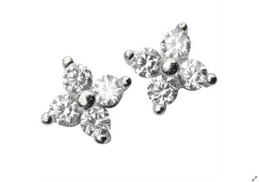 Baby Earrings:  Sterling Silver Clear CZ Flowers 4mm Age 3 months - 3