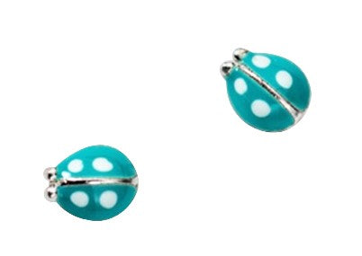 Turquoise ladybug earrings with white polka dots on a white background