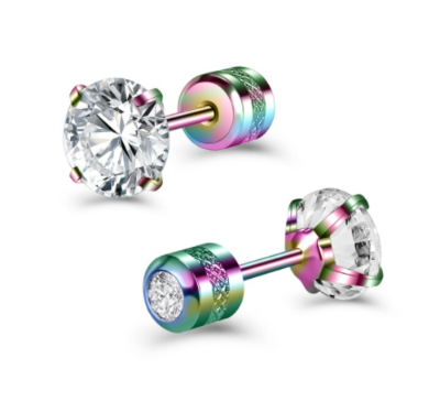 Children's, Teens' and Mothers' Earrings:  Two Earrings in One. Surgical Steel, Anodised, 5mm Round CZ Studs with Screw Backs