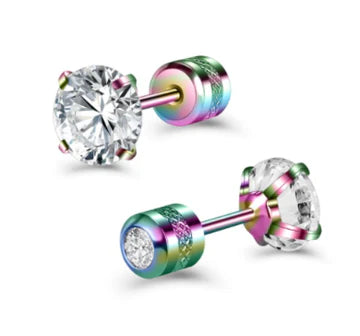 Children's, Teens' and Mothers' Earrings:  Two Earrings in One. Surgical Steel, Gold IP, 5mm AAA Round CZ Studs with Screw Backs
