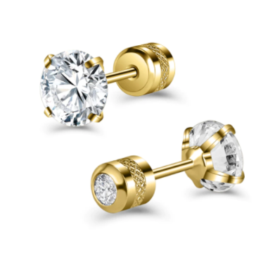 Pair of gold-tone stainless-steel screw-back stud earrings with round CZ fronts and CZ-set cylindrical backs—shown on white