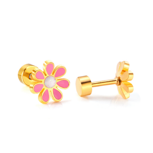 Children's Earrings:  Surgical Steel with Gold IP Pink/White Flowers with Screw Backs with Gift Box