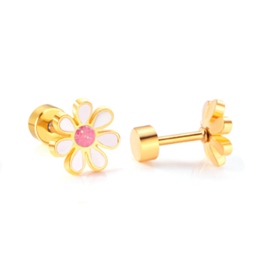 Children's Earrings:  Surgical Steel with Gold IP White/Pink Flowers with Screw Backs with Gift Box