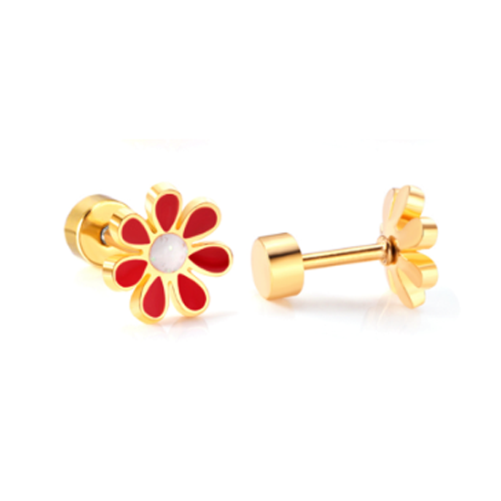 Children's Earrings:  Surgical Steel with Gold IP Red/White Flowers with Screw Backs