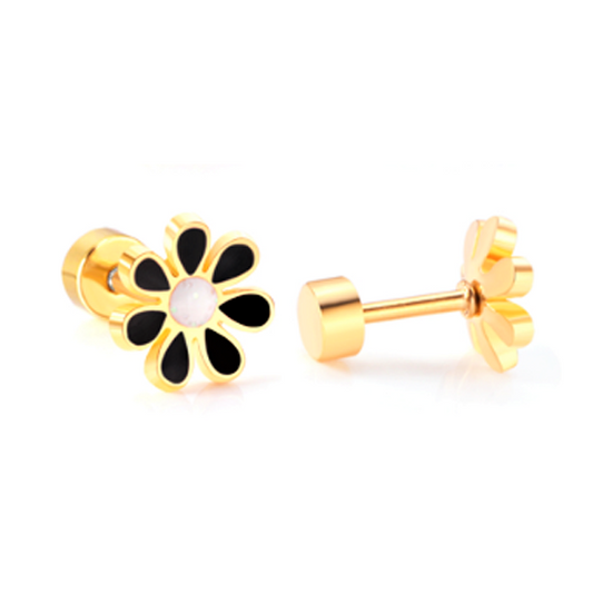 Children's Earrings:  Surgical Steel with Gold IP Black/White Flowers with Screw Backs