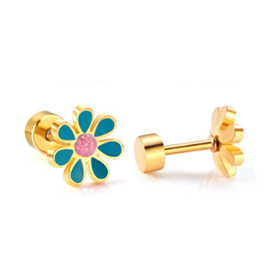 Children's Earrings:  Surgical Steel with Gold IP Blue/Pink Flowers with Screw Backs