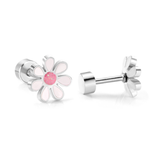 Children's Earrings:  Surgical Steel White/Pink Flowers with Screw Backs with Gift Box