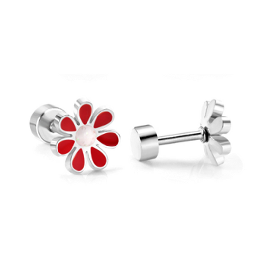 Children's Earrings:  Surgical Steel Red/White Flowers with Screw Backs