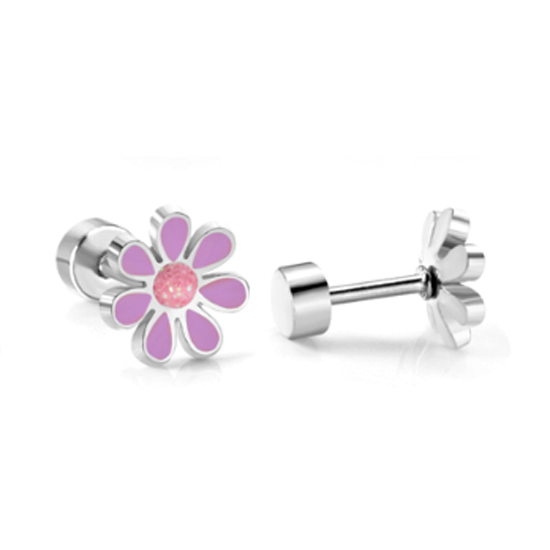 Children's Earrings:  Surgical Steel Lavender/Pink Flowers with Screw Backs with Gift Box