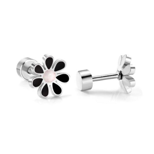 Children's Earrings:  Surgical Steel Black/White Flowers with Screw Backs