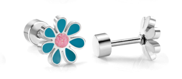 Children's Earrings:  Surgical Steel Blue/Pink Flowers with Screw Backs