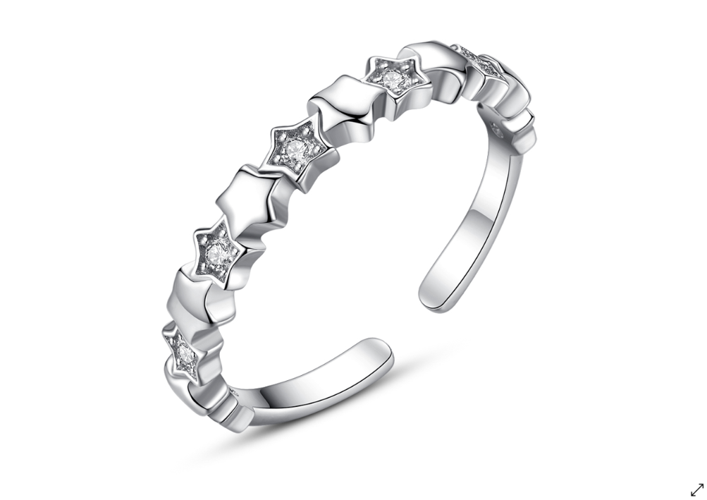 Children's, Teens' and Mothers' Rings:  Sterling Silver Stars with CZ Rings - Adjustable, with Gift Box