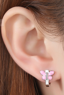 Children's Earrings:  Sterling Silver Huggies with Pink Dotty Butterflies Age 4 -12