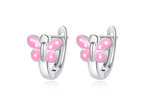 Children's Earrings:  Sterling Silver Huggies with Pink Dotty Butterflies Age 4 -12