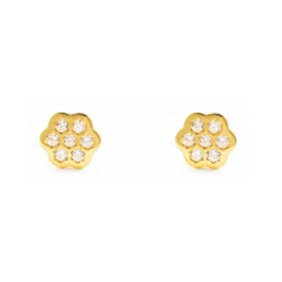 Baby Earrings:  9k Gold Clustered CZ Flower Earrings with Screw Backs and Gift Box