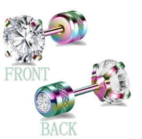 A pair of anodised, surgical steel screw back earrings with round cubic zirconia studs, featuring a reversible design with a colourful anodized finish on the screw backs.