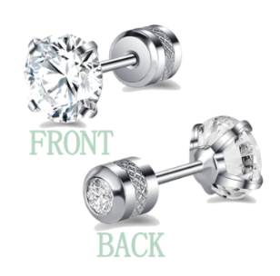 Pair of stainless-steel screw-back stud earrings with round brilliant CZ fronts and cylindrical locking backs, each back set with a tiny CZ—shown on white